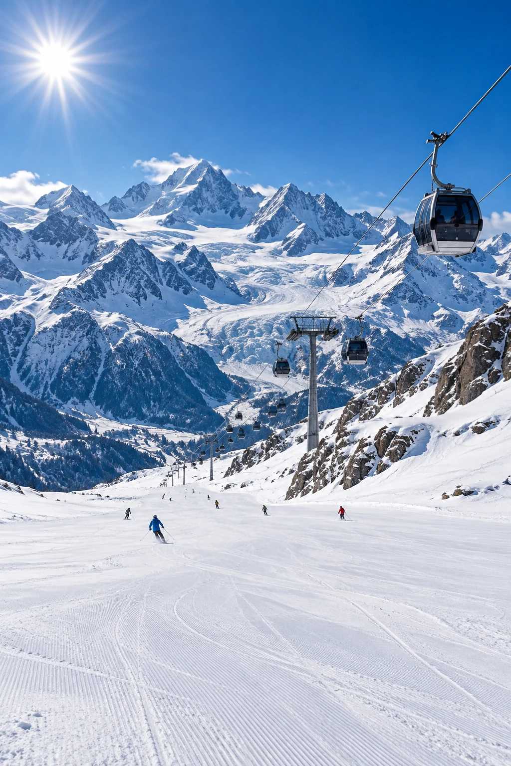 Skiurlaub in Andorra Gondelbahn über weiter Skipiste vor Hochgebirgspanorama – Skiurlaub in Andorra
