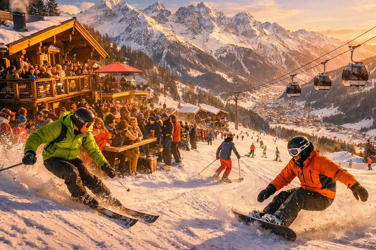 Après-Ski auf der Hütte Skifahrer und Snowboarder vor einer vollen Hüttenterrasse bei Sonnenuntergang – Après-Ski im Skiurlaub