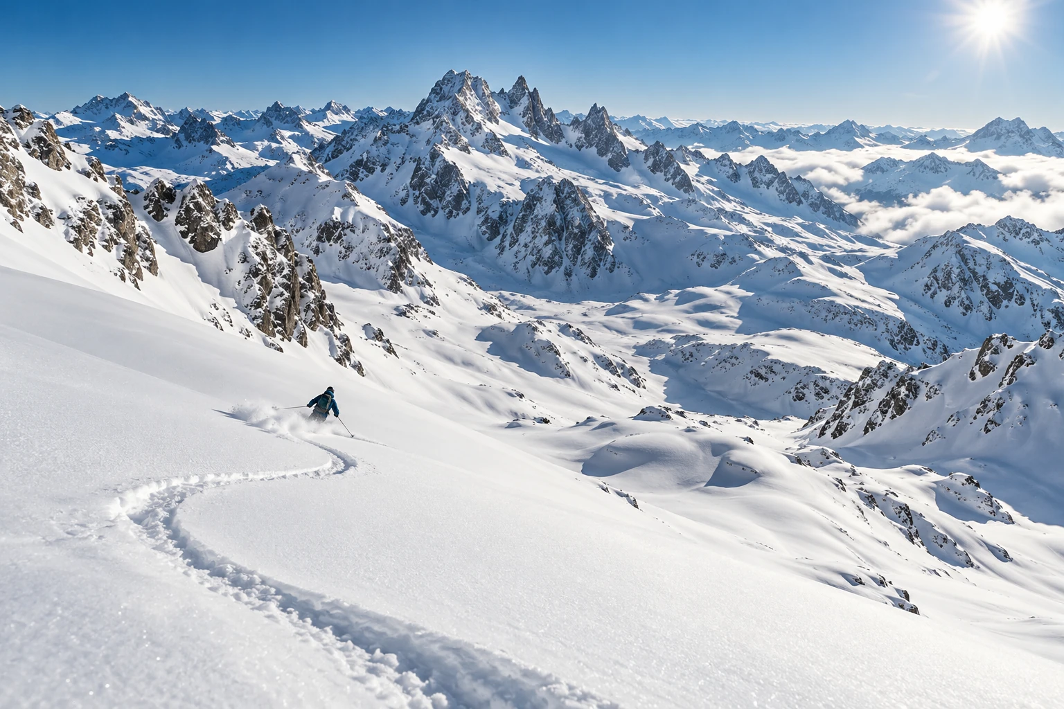 Skiurlaub am Arlberg Skifahrer im Tiefschnee vor Gipfeln – Skiurlaub am Arlberg