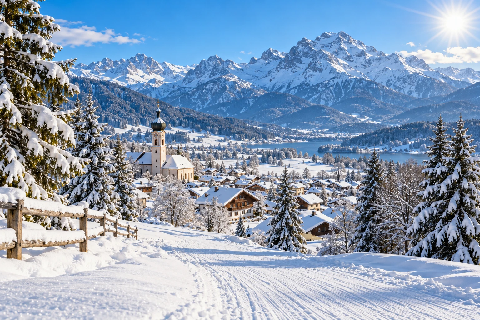 Bayerische Alpen Dorf mit Zwiebelturmkirche im Tal vor Bergkette – Skiurlaub in den Bayerischen Alpen