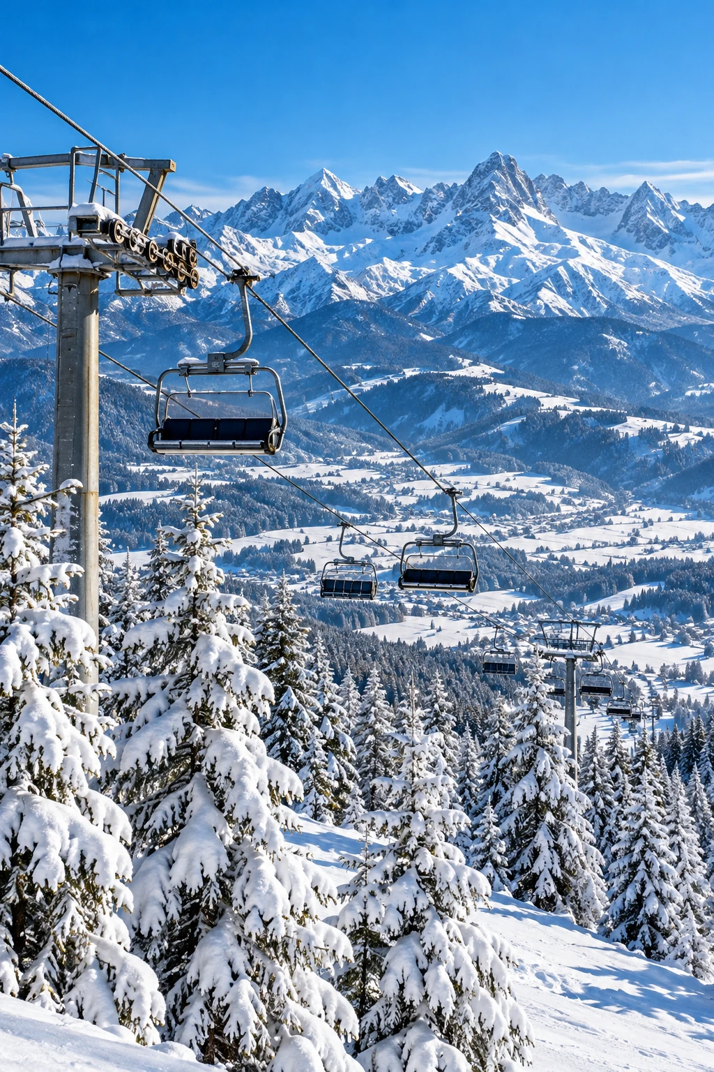 Skiurlaub in Deutschland Sessellift über verschneiten Tannen vor Bergkette – Skiurlaub in Deutschland