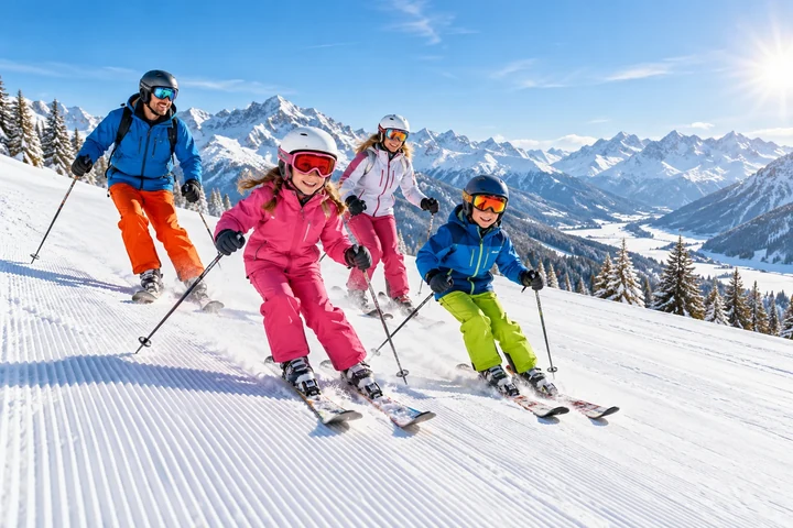 Familie mit zwei Kindern beim Skifahren auf präparierter Piste vor Bergpanorama – Familienskiurlaub