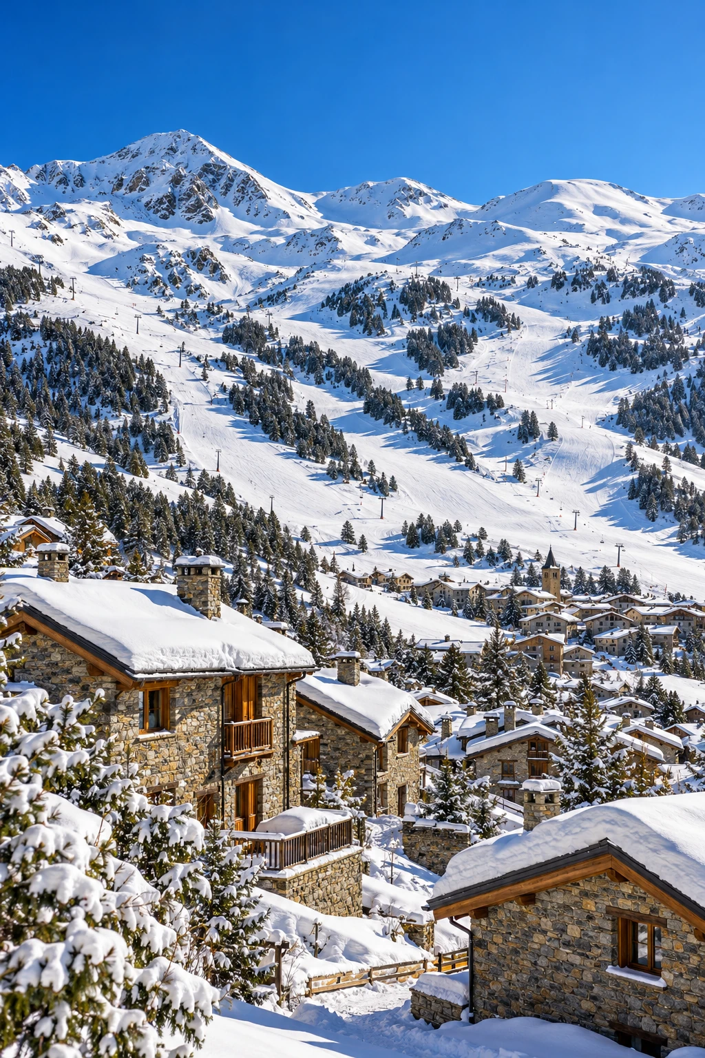 Skiurlaub in Frankreich Steinchalets im Schnee vor einem weitläufigen Skigebiet – Skiurlaub in Frankreich