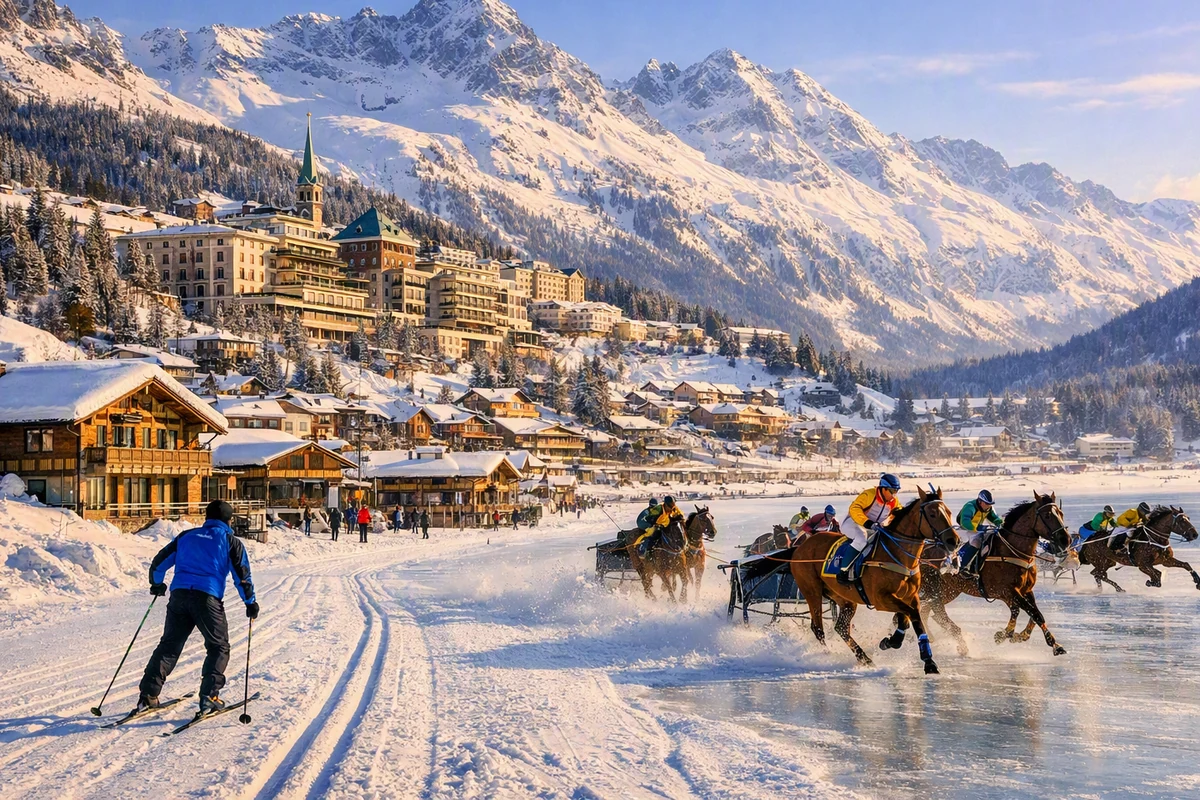 Skiurlaub Graubünden Dorf mit Grandhotels am zugefrorenen See, Langläufer und Pferderennen auf dem Eis – Skiurlaub in Graubünden