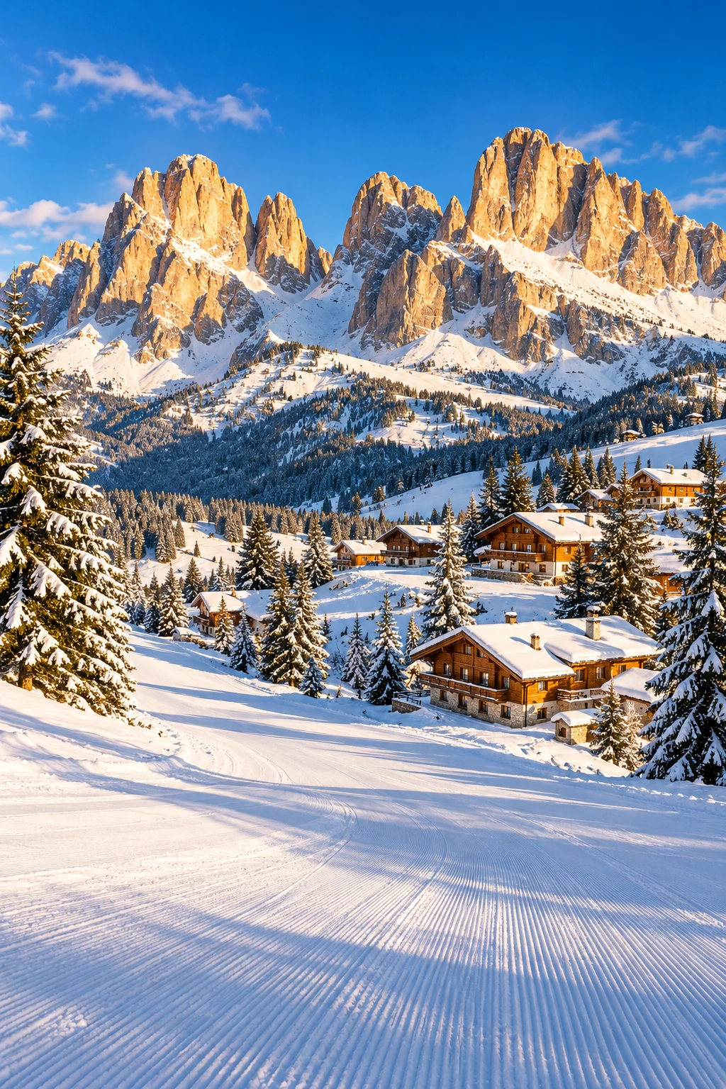 Skiurlaub in Italien Dolomiten-Felstürme im Abendlicht über Holzhütten und Piste – Skiurlaub in Italien