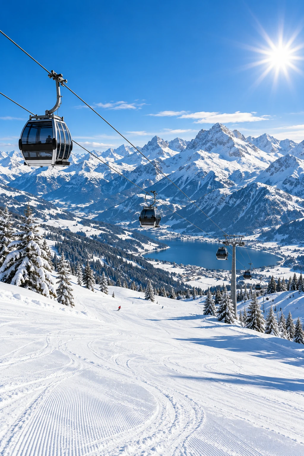 Skiurlaub in Polen Gondelbahn über einer Piste mit Bergsee im Tal – Skiurlaub in Polen