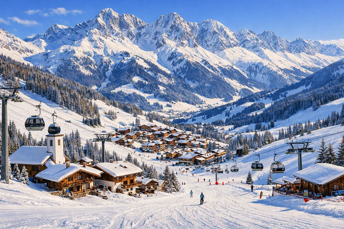Skiurlaub Salzburger Land Skidorf mit Kirchturm und Gondelbahn vor einem weiten Bergpanorama – Skiurlaub im Salzburger Land