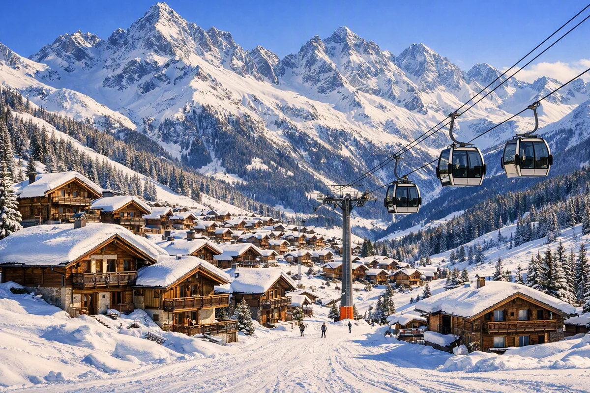 Skiurlaub Savoie Verschneite Chalets und Gondelbahn vor einer hohen Gipfelkette – Skiurlaub in der Savoie
