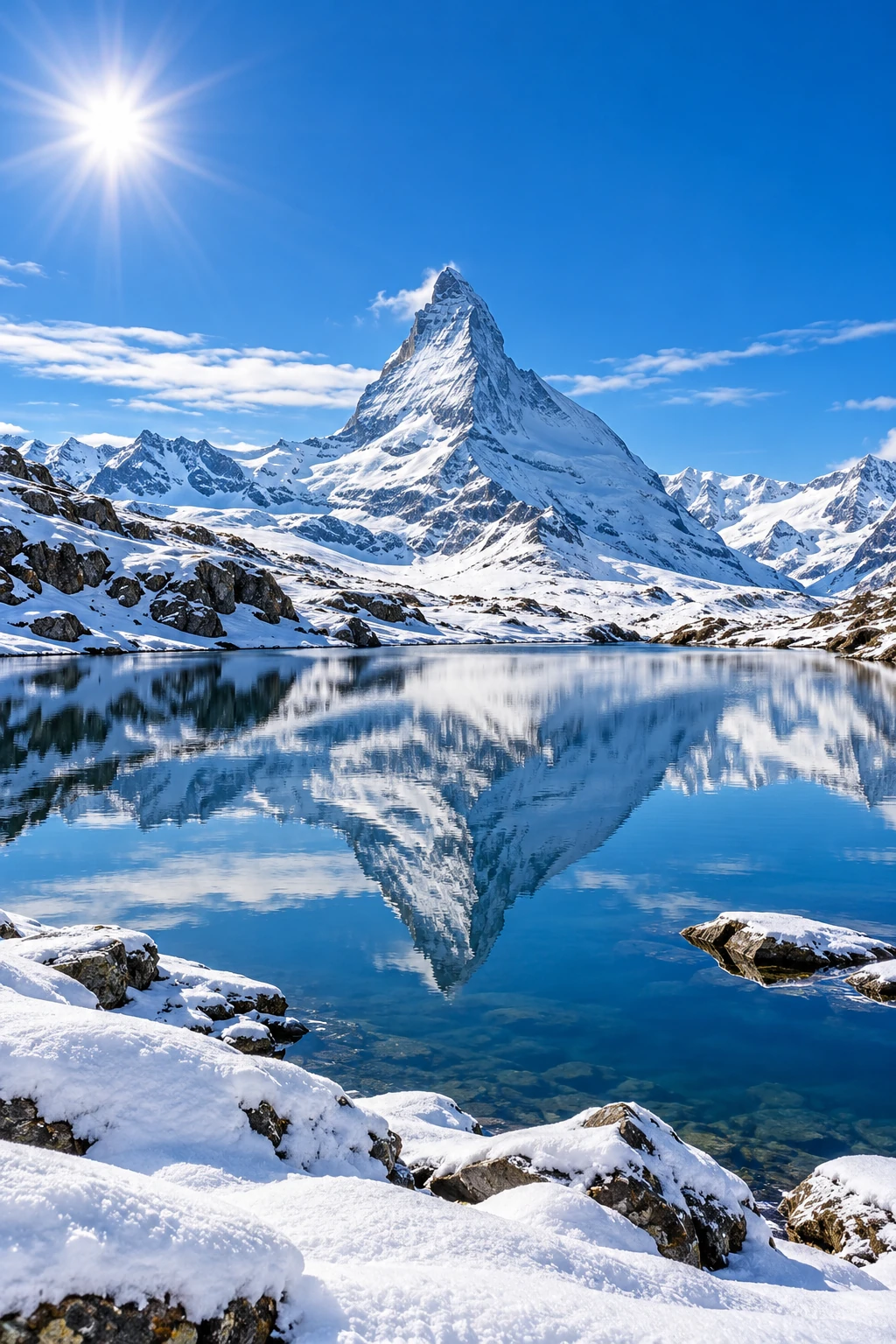 Skiurlaub in der Schweiz Matterhorn spiegelt sich in einem Bergsee zwischen verschneiten Felsen – Skiurlaub in der Schweiz