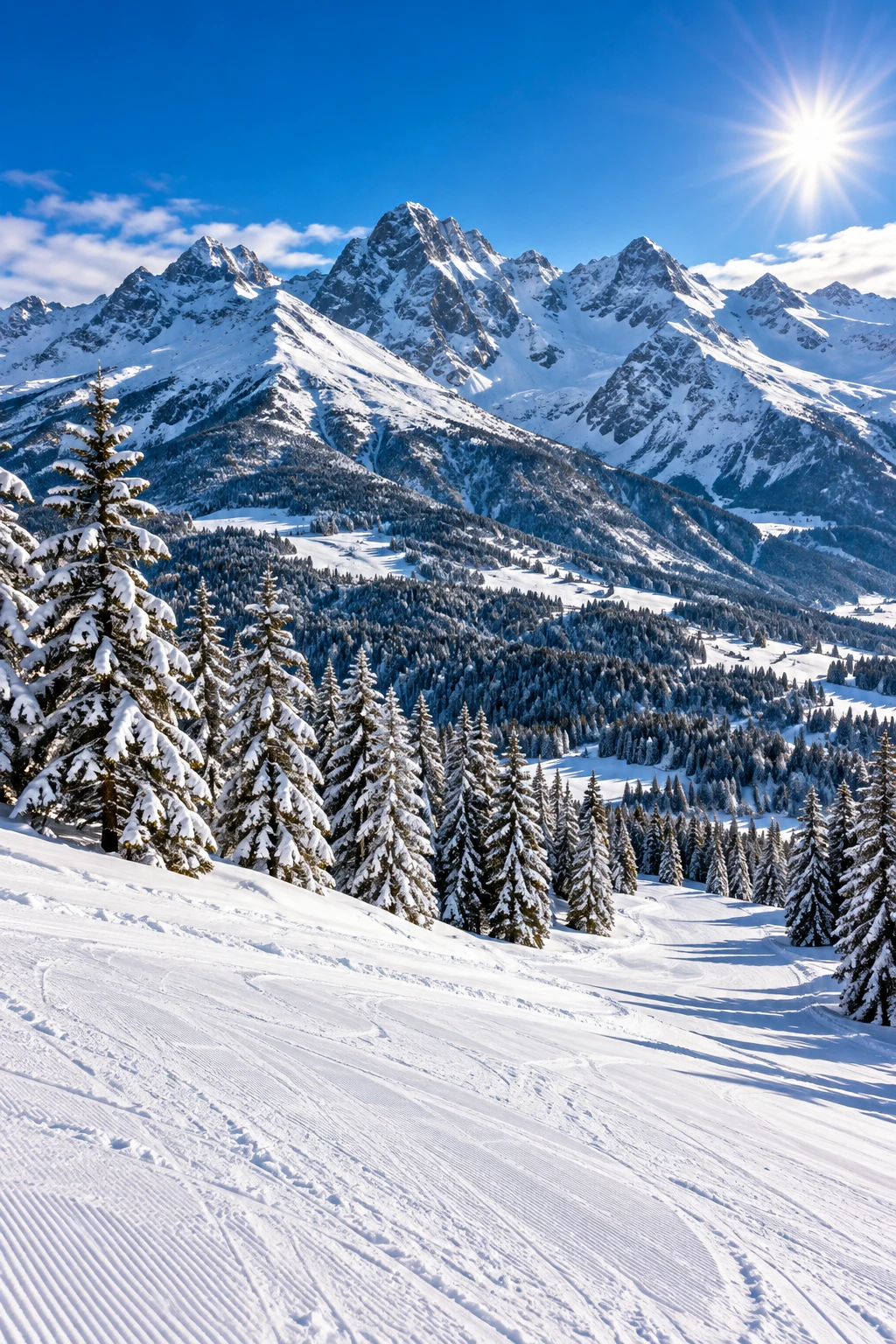 Skiurlaub in der Slowakei Zackige Gipfel über verschneitem Fichtenwald und Piste – Skiurlaub in der Slowakei