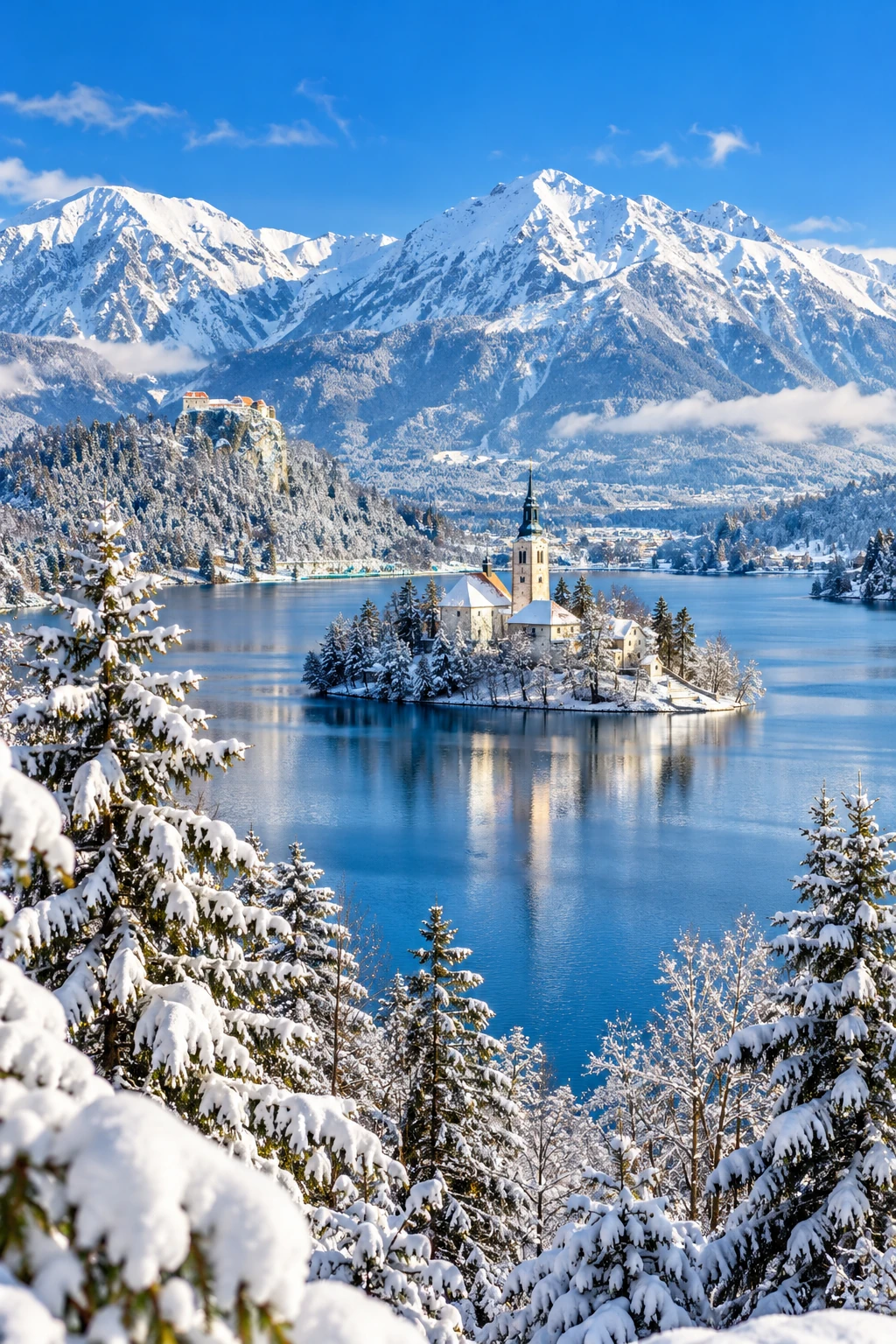 Skiurlaub in Slowenien Inselkirche im Bergsee vor Schneebergen – Skiurlaub in Slowenien