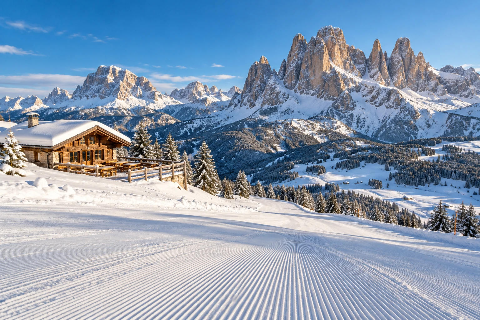 Südtirol und Dolomiten Berghütte vor den Felstürmen der Dolomiten über einer präparierten Piste – Skiurlaub in Südtirol