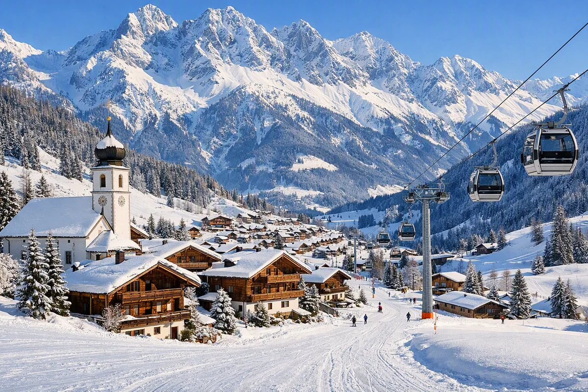 Skiurlaub Tirol Tiroler Bergdorf mit Zwiebelturm-Kirche und Holzhäusern, Gondelbahn vor verschneiten Felsgipfeln – Skiurlaub in Tirol