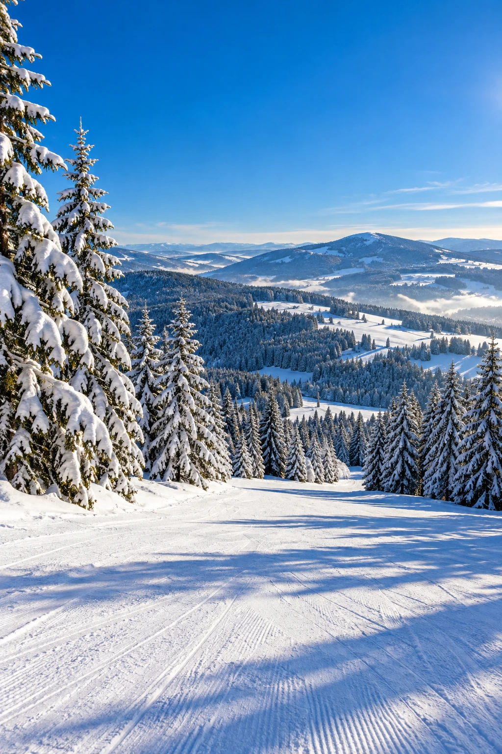 Skiurlaub in Tschechien Präparierte Piste zwischen verschneiten Fichten mit Blick über Hügelland – Skiurlaub in Tschechien
