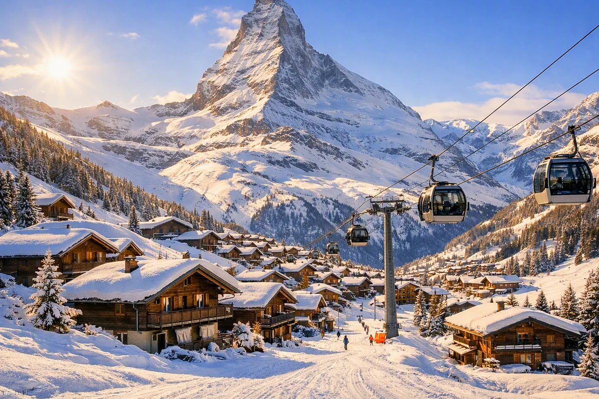 Skiurlaub Wallis Matterhorn über Holzchalets und Gondelbahn bei tiefstehender Sonne – Skiurlaub im Wallis