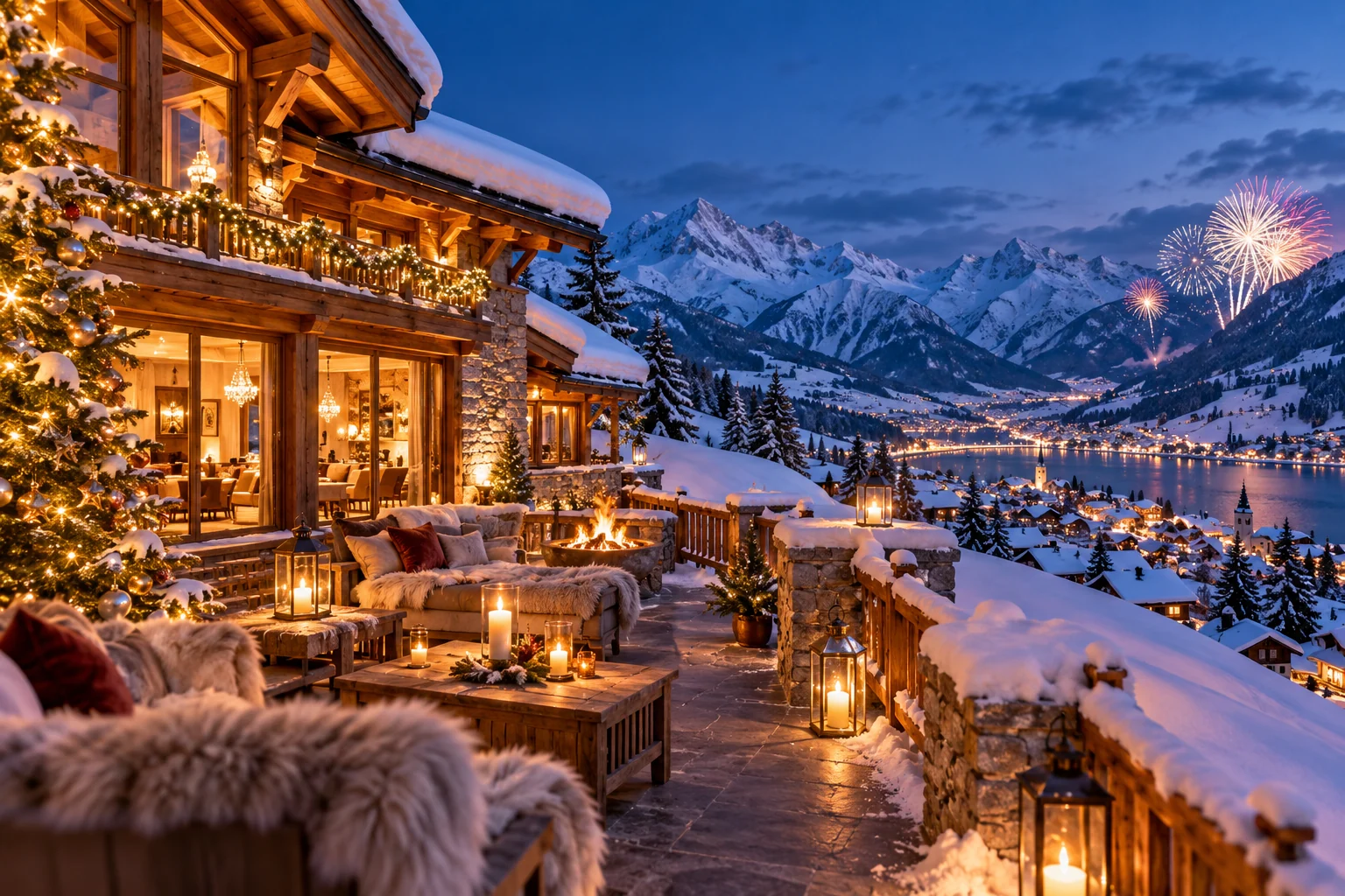 Weihnachten und Silvester im Skiurlaub Festlich beleuchtetes Chalet mit Weihnachtsbaum und Feuerwerk über einem Bergdorf am See – Skiurlaub an Weihnachten und Silvester